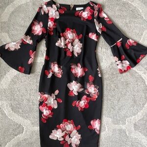 Calvin Klein Red and White Sheath Dress with Bell Sleeves